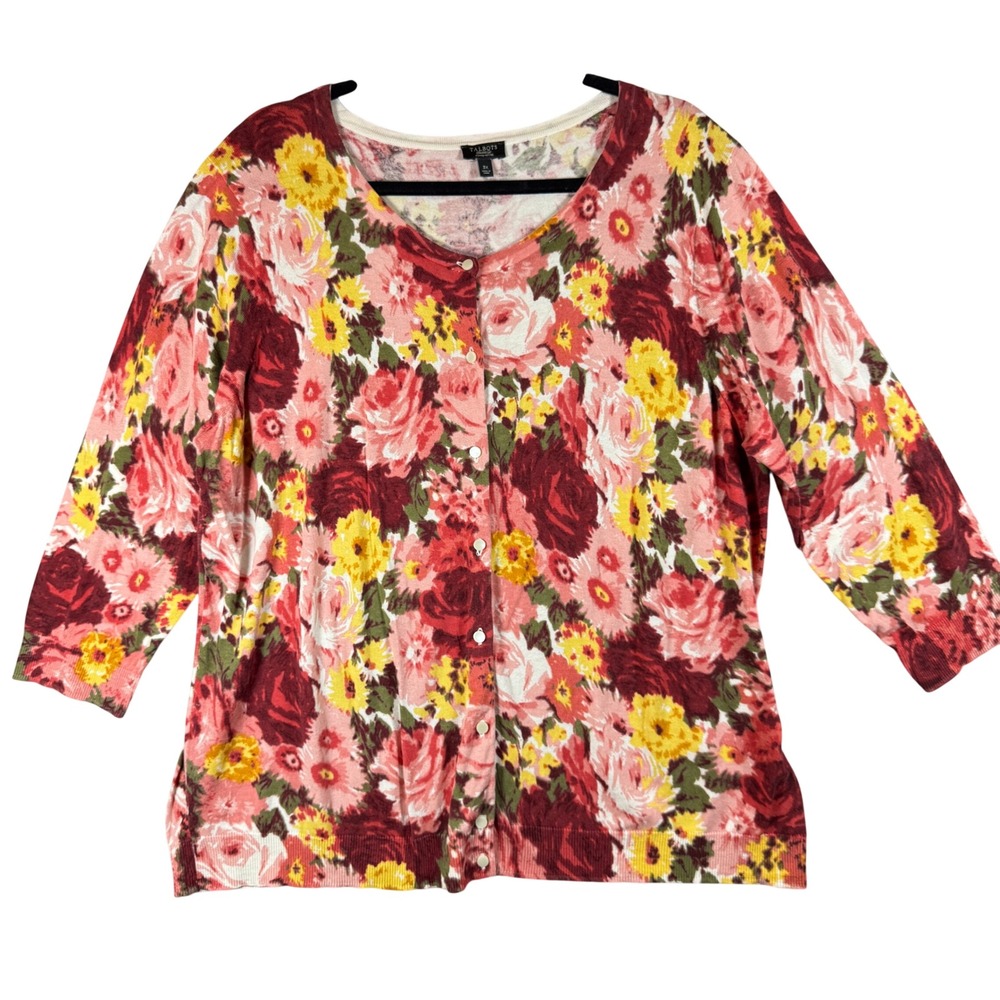 Talbots Cardigan Women 3X Pink Floral Silk Cotton Blend Button Front Floral